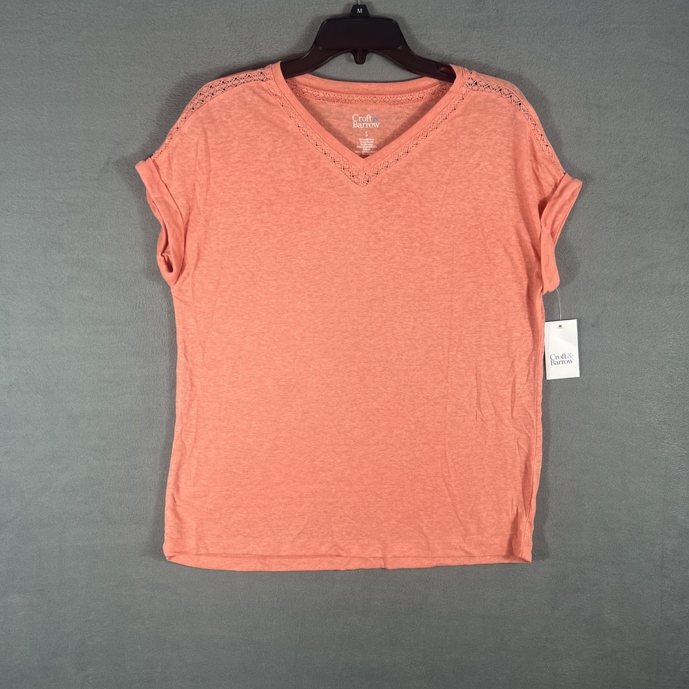 Croft & Barrow Women's Small S Burnt Coral Linen Blend V-Neck Lace Trim Top NWT